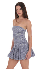 Gingham Strapless Bubble Dress in White and Blue