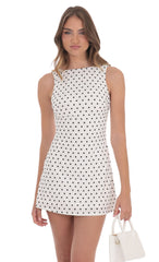 Polka Dot High Neck Back Bow Dress in White