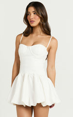 Kacey Mini Dress - Textured Drop Waist Bubble Hem Dress in Off White