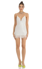 Sequin Feather Fringe Bodycon Dress in White