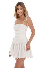 Jacquard Ruched Fit and Flare Dress in White
