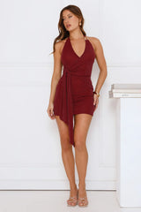 True Pleasure Glitter Halter Mini Dress Burgundy