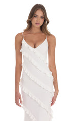 Ruffle V-Neck Maxi Dress in White