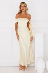 The Hype Off Shoulder Satin Midi Dress Yellow