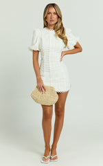 Laila Mini Linen Blend Dress - High Neck Side Cut Out Puff Sleeve Straight Dress in Off White