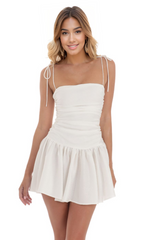 Jacquard Ruched Fit and Flare Dress in White