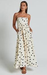 Miriam Midi Linen Dress - Strappy Straight Neck A Line Dress in Beige & Black Spot