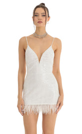 Sequin Feather Fringe Bodycon Dress in White