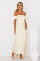 The Hype Off Shoulder Satin Midi Dress Yellow