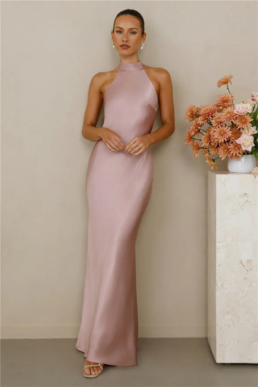 The Cleo Halter Satin Maxi Dress Dusty Pink