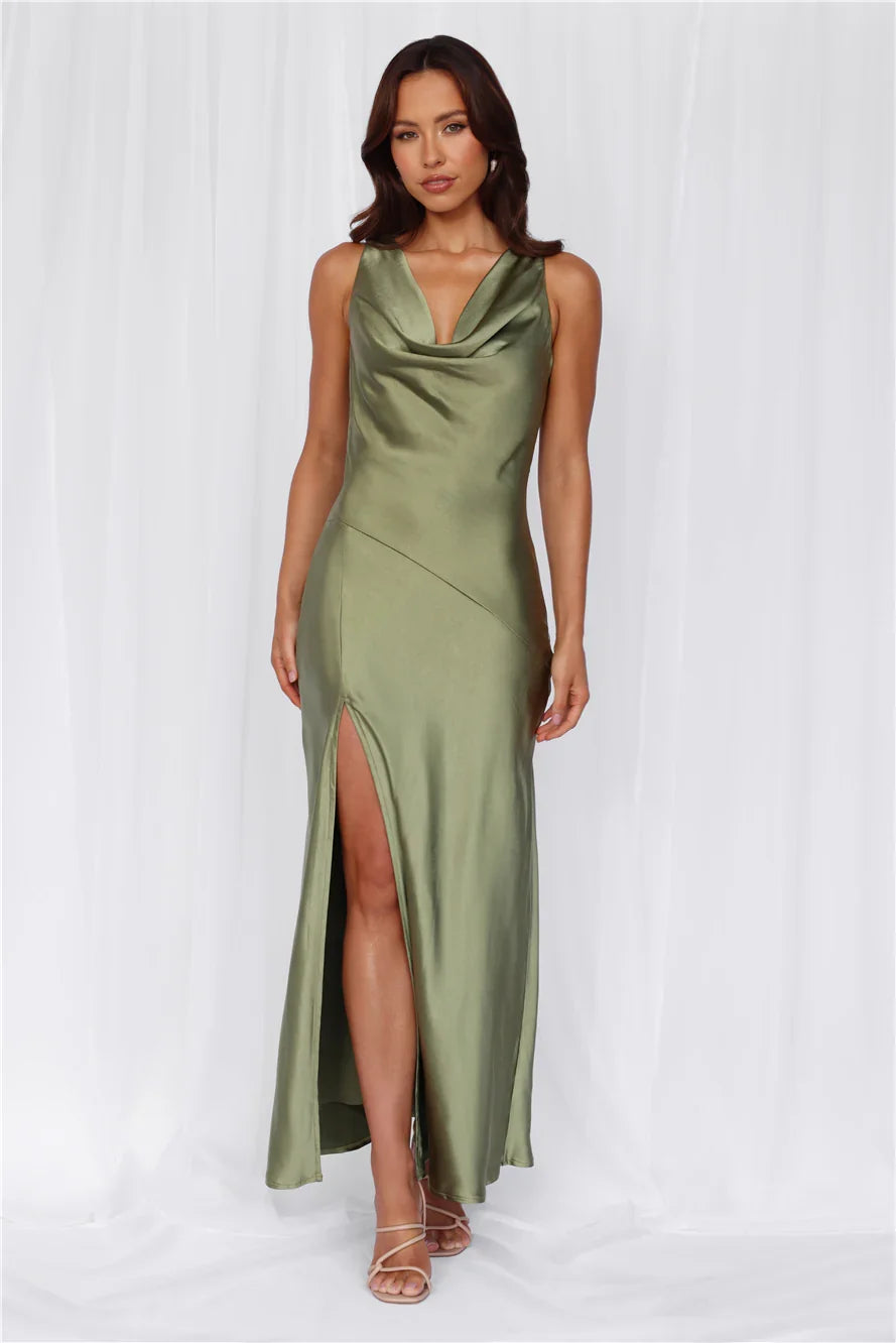 The Loretta Cowl Satin Maxi Dress Olive