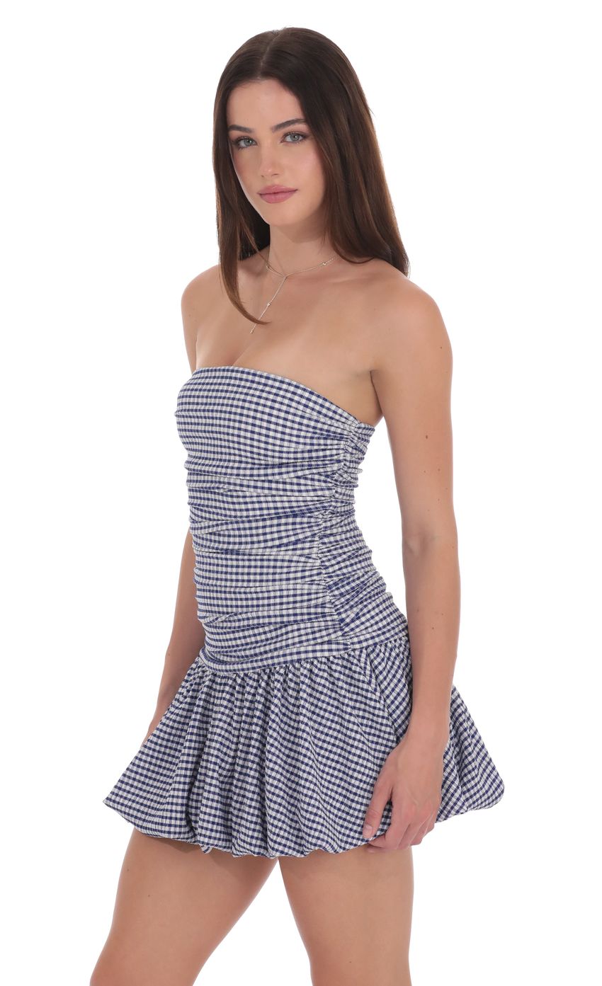 Gingham Strapless Bubble Dress in White and Blue