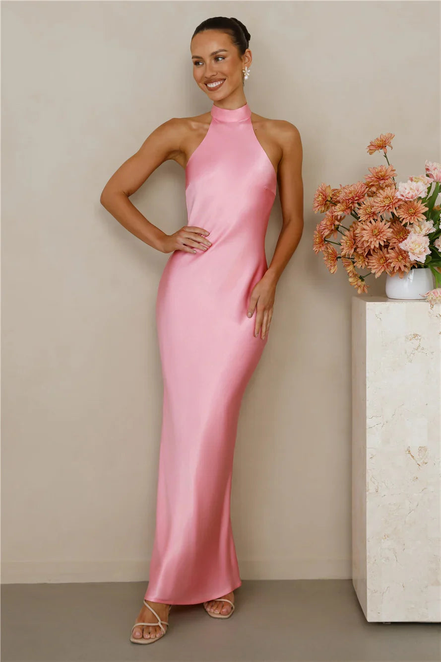 The Cleo Halter Satin Maxi Dress Candy
