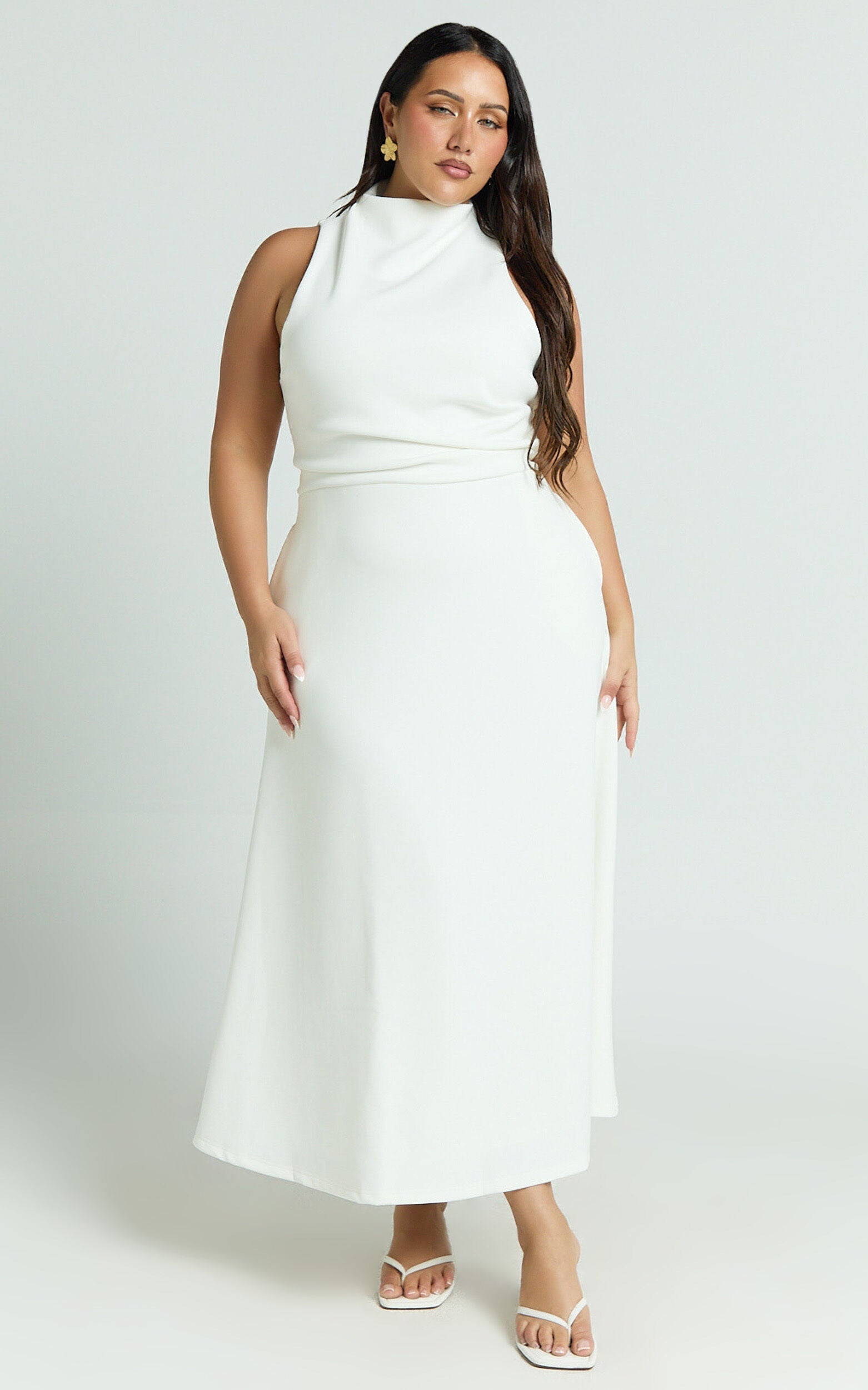 Macy Midi Dress - High Neck A Line Dress in Off White