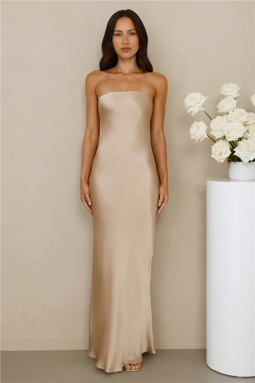 The Felicity Strapless Satin Maxi Dress Champagne