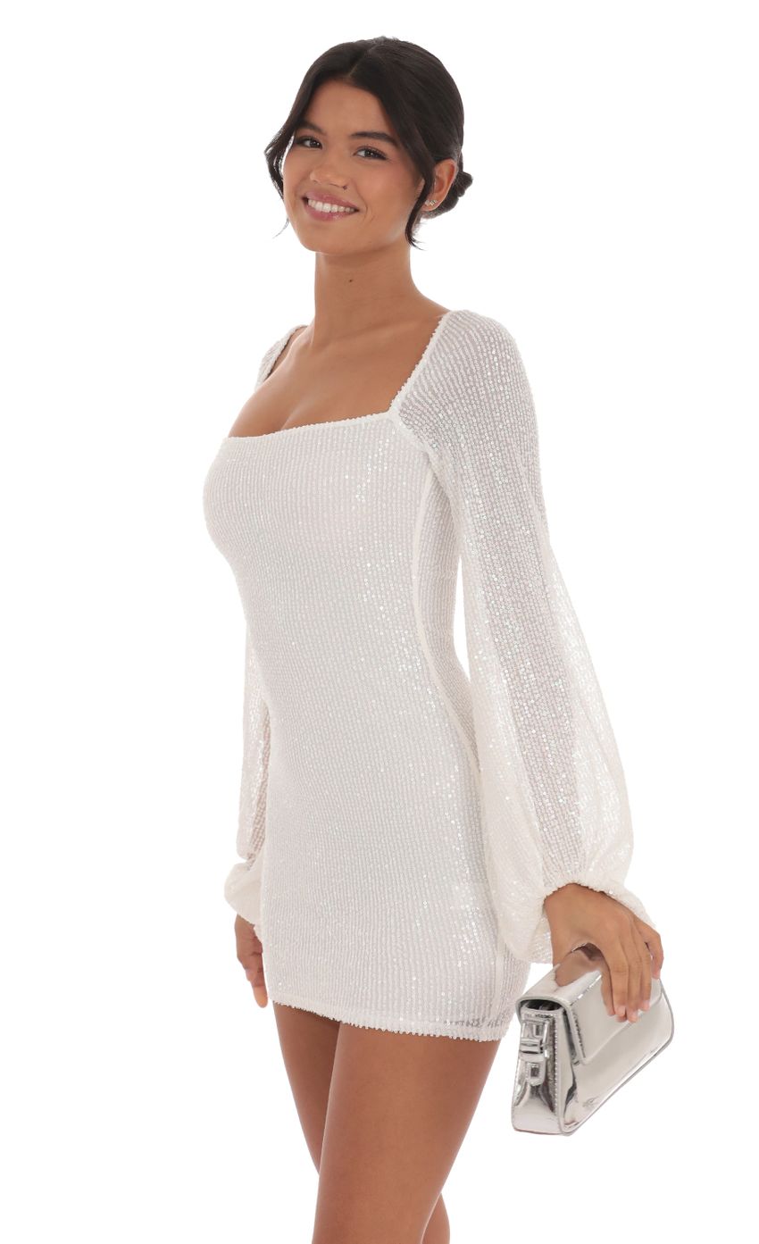 Sequin Balloon Sleeve Dress in White