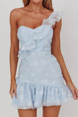 Minka One-Shoulder Ruffle Mini Dress Blue