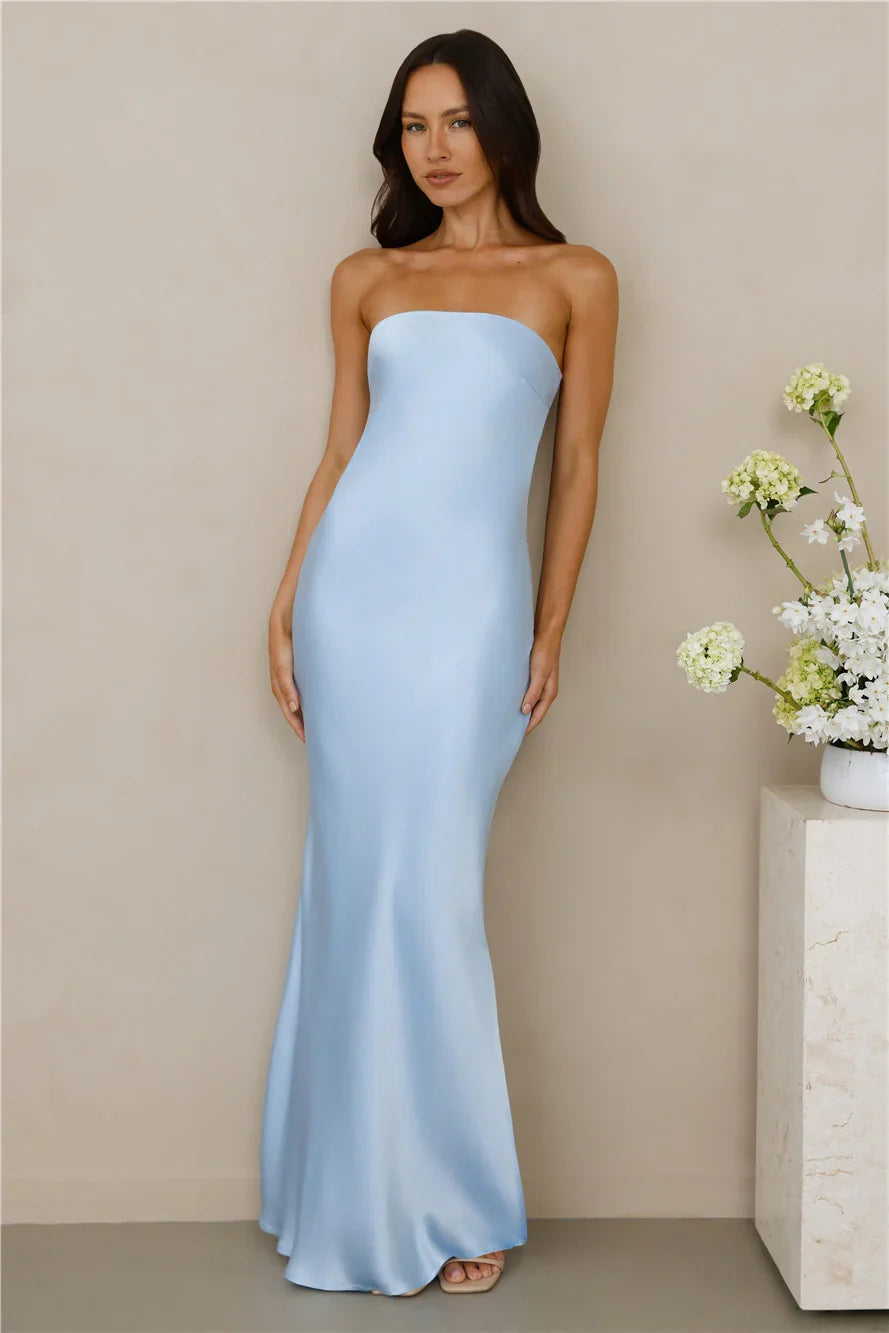 The Felicity Strapless Satin Maxi Dress Blue