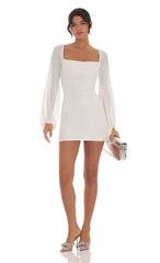 Sequin Balloon Sleeve Dress in White