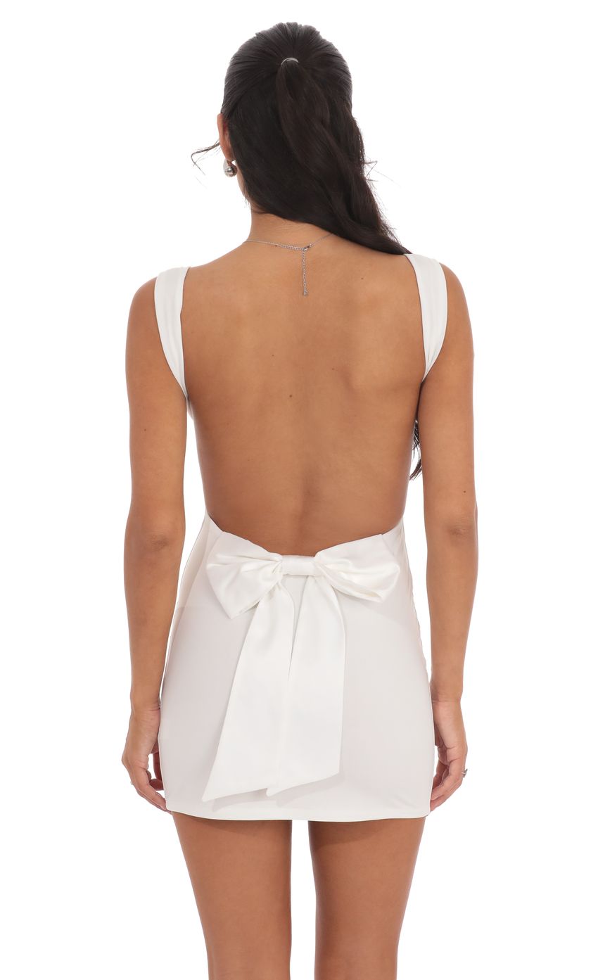 Open Back Satin Bow Dress in White