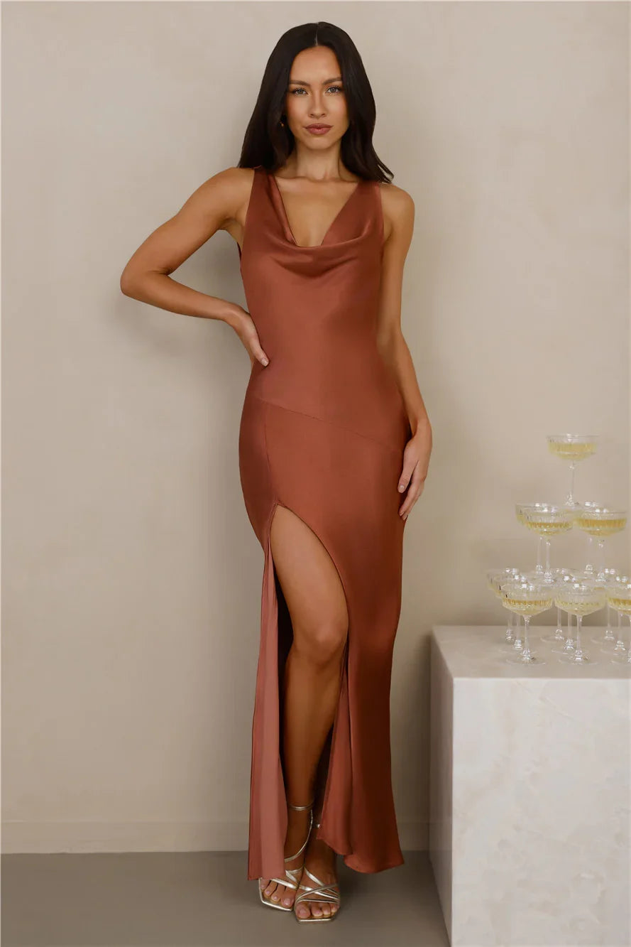 The Loretta Cowl Satin Maxi Dress Copper