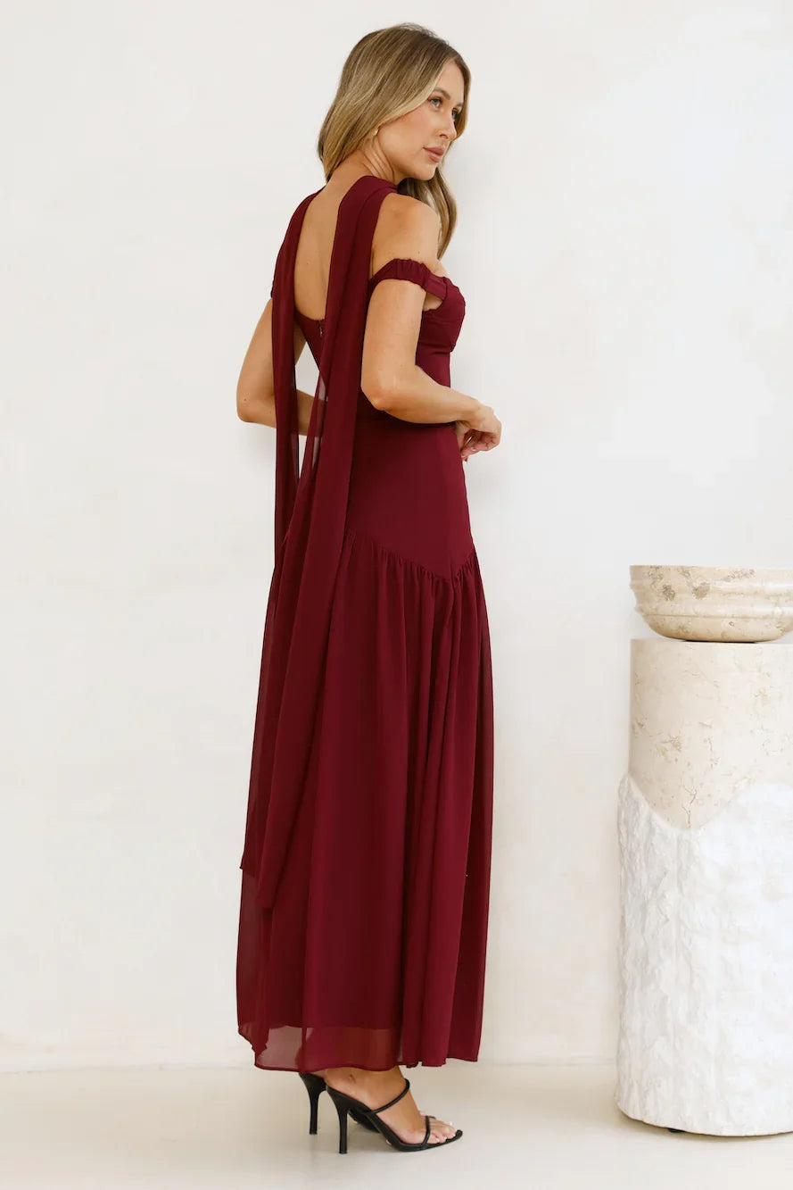 The Style Spotlight Off Shoulder Maxi Dress Burgundy