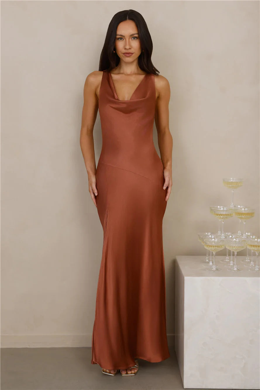 The Loretta Cowl Satin Maxi Dress Copper