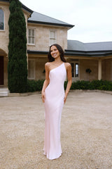 The Evangeline One Shoulder Satin Maxi Dress Pink