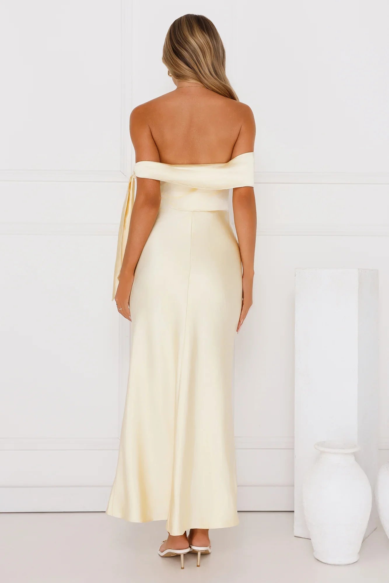 The Hype Off Shoulder Satin Midi Dress Yellow