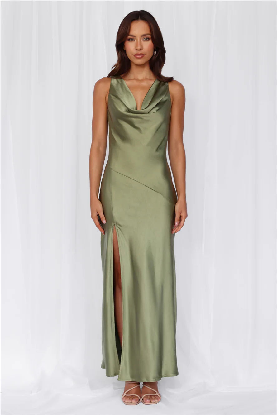 The Loretta Cowl Satin Maxi Dress Olive