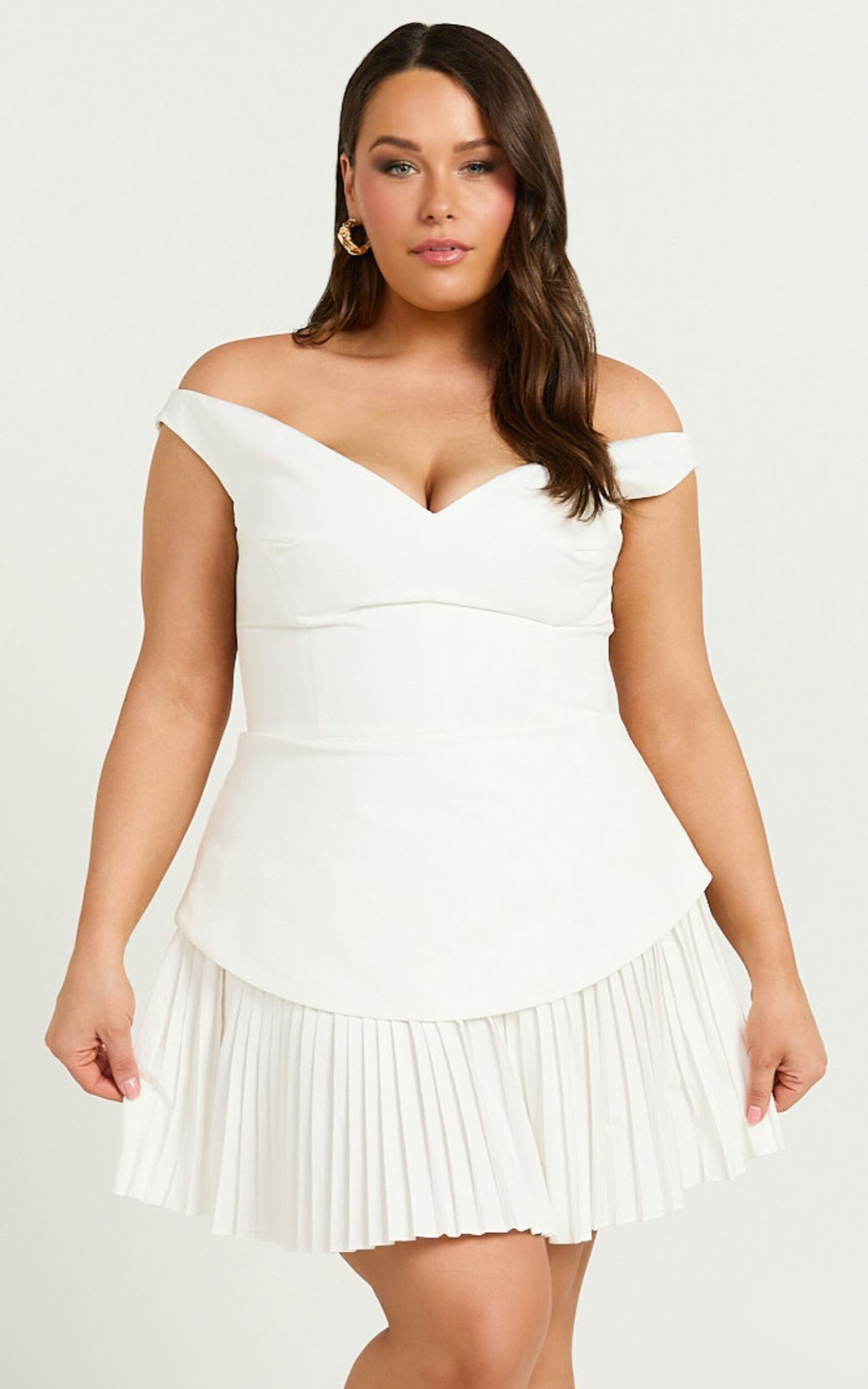Izara Mini Dress - Off Shoulder Pleated Dress in Off White