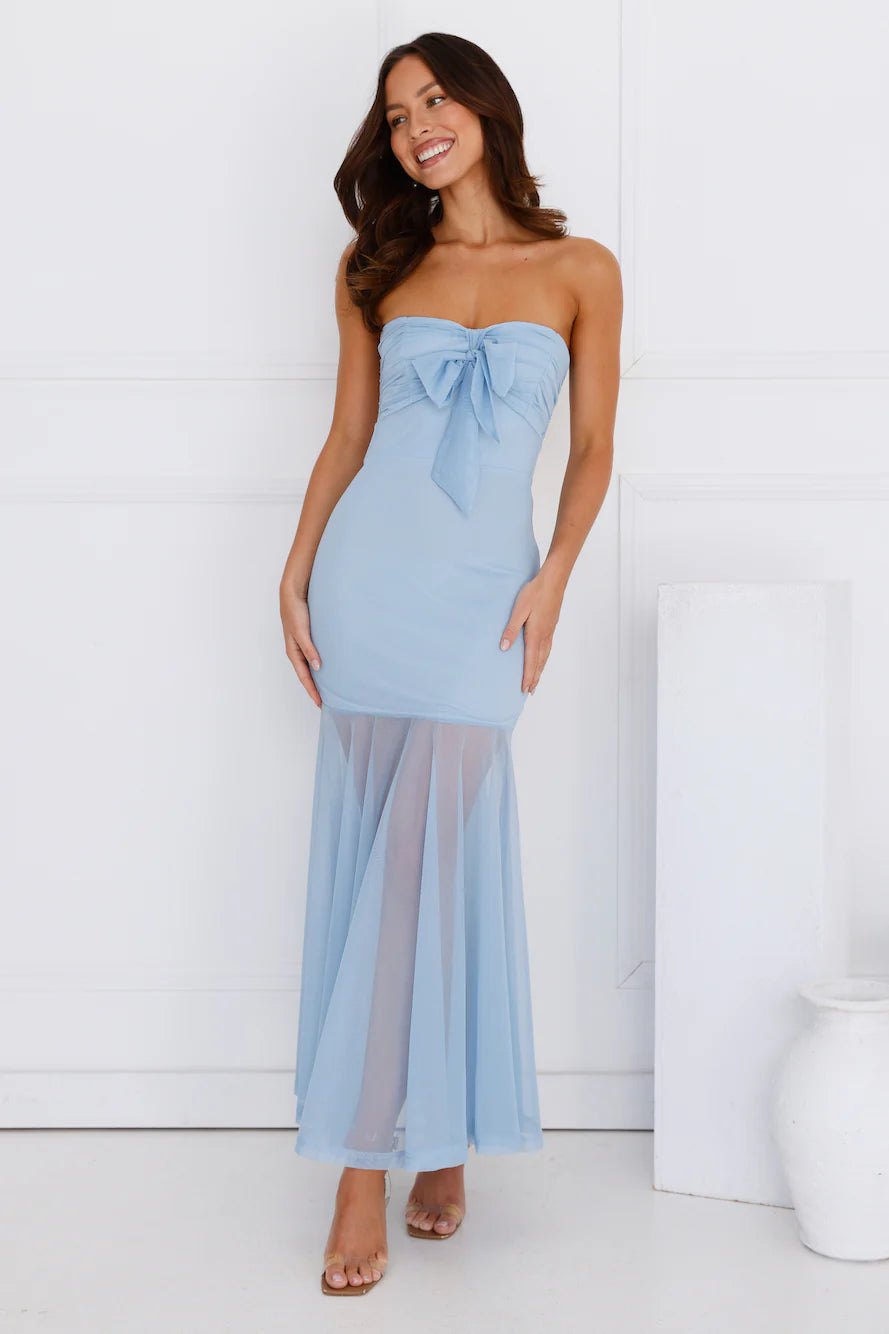 Misty Morning Magic Strapless Mesh Maxi Dress Blue